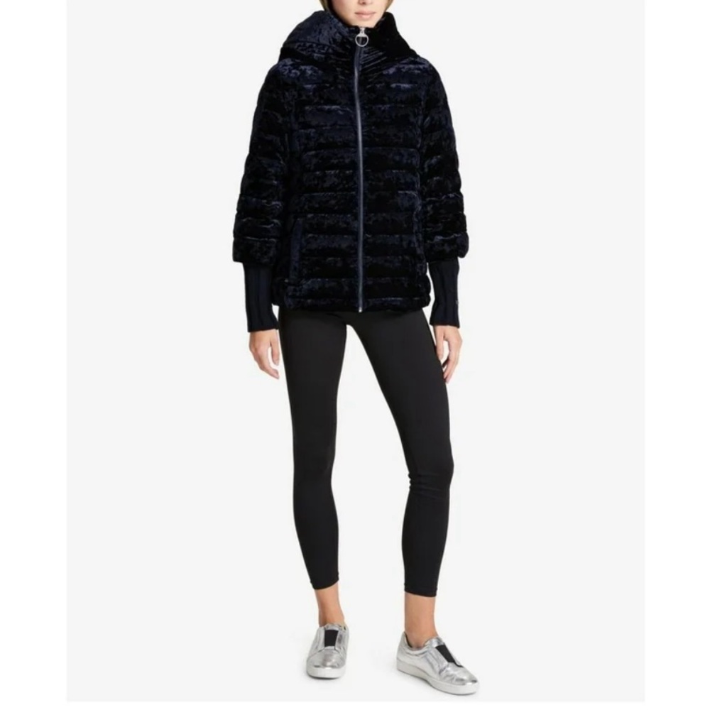 DKNY Sport Women's Heavyweight Crushed Velvet Down Jacket, Large, Navy Blue
